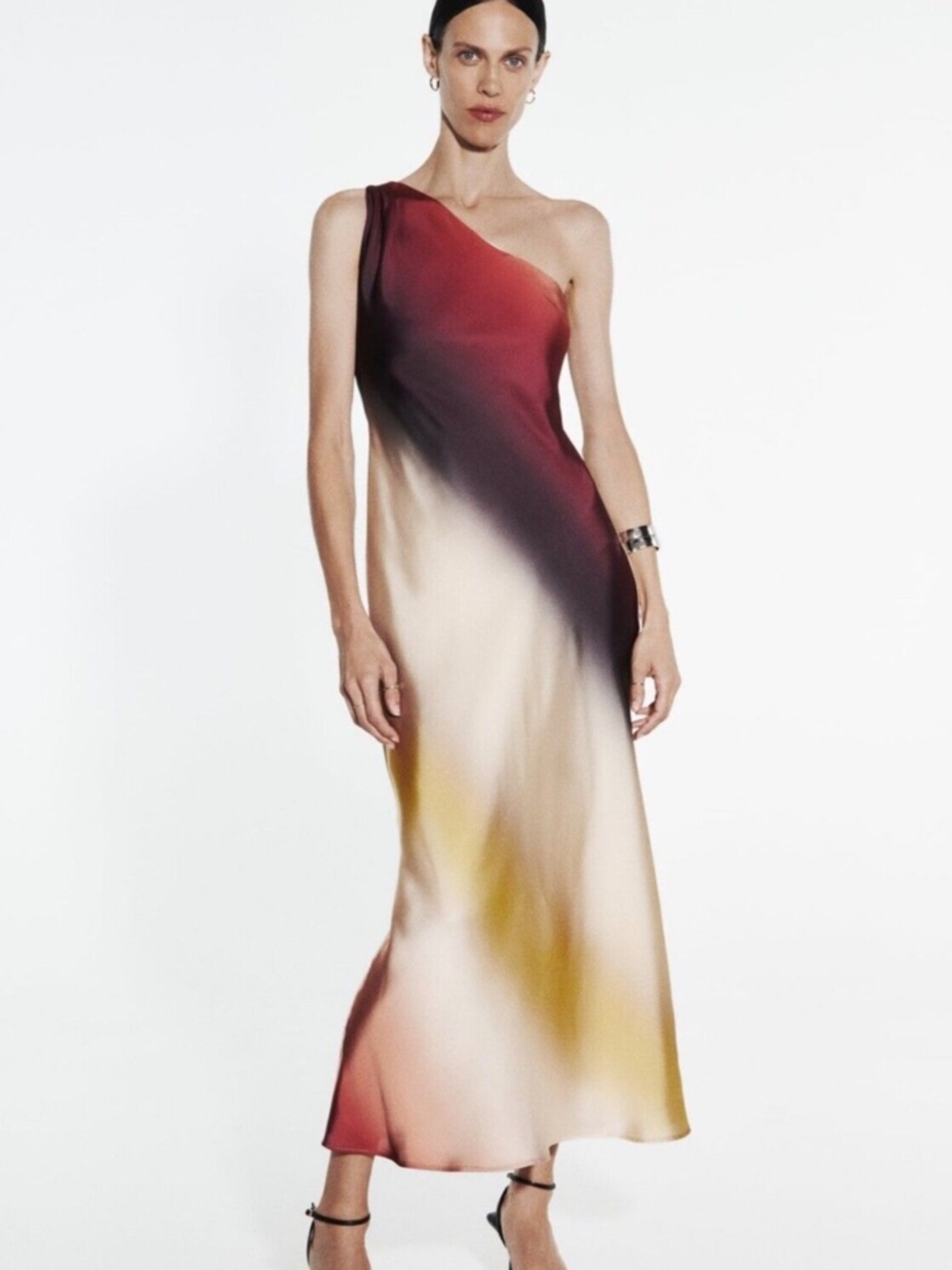 Zara One-Shoulder Gradient Satin Dress in Burgundy, Cream and Yellow